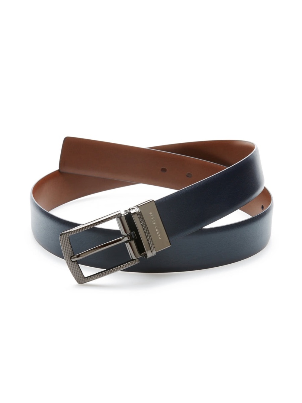 Perry Ellis Men's Size 34 Reversible Leather Belt Navy Brown Gunmetal Buckle